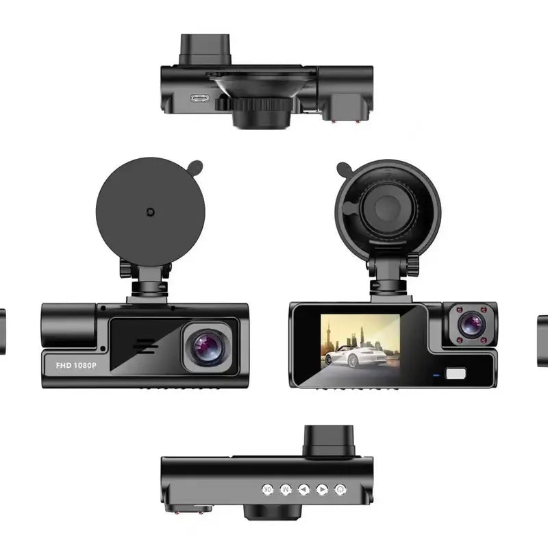1080P car dash camera shown from multiple angles with display