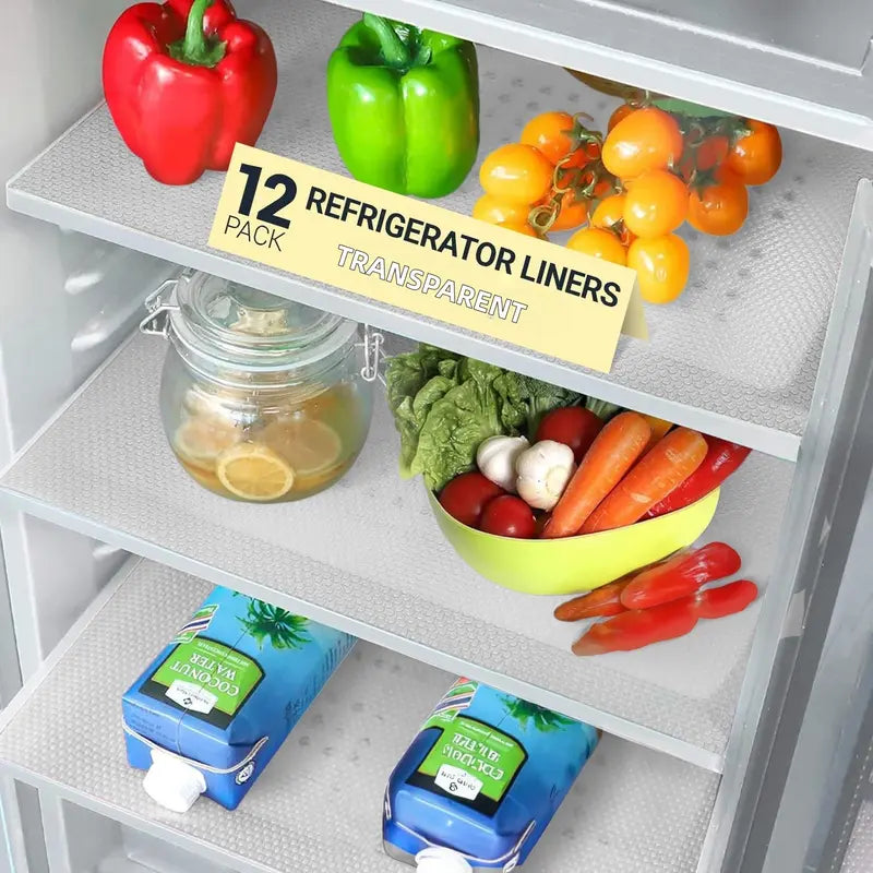 LMMAKE 12PCS Refrigerator Liner Mats - Trimmable Non-Slip Waterproof Fridge Shelf Liners