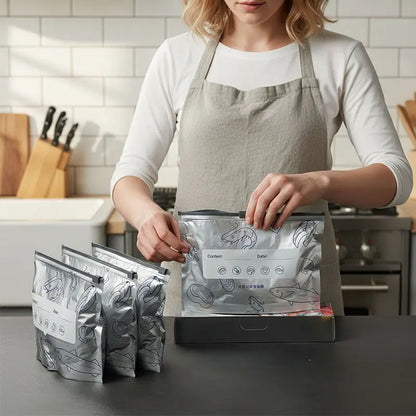 Reusable Aluminum Foil Food Storage Bags with Zipper Lock & Labels – Freezer Safe, Stand-Up Design