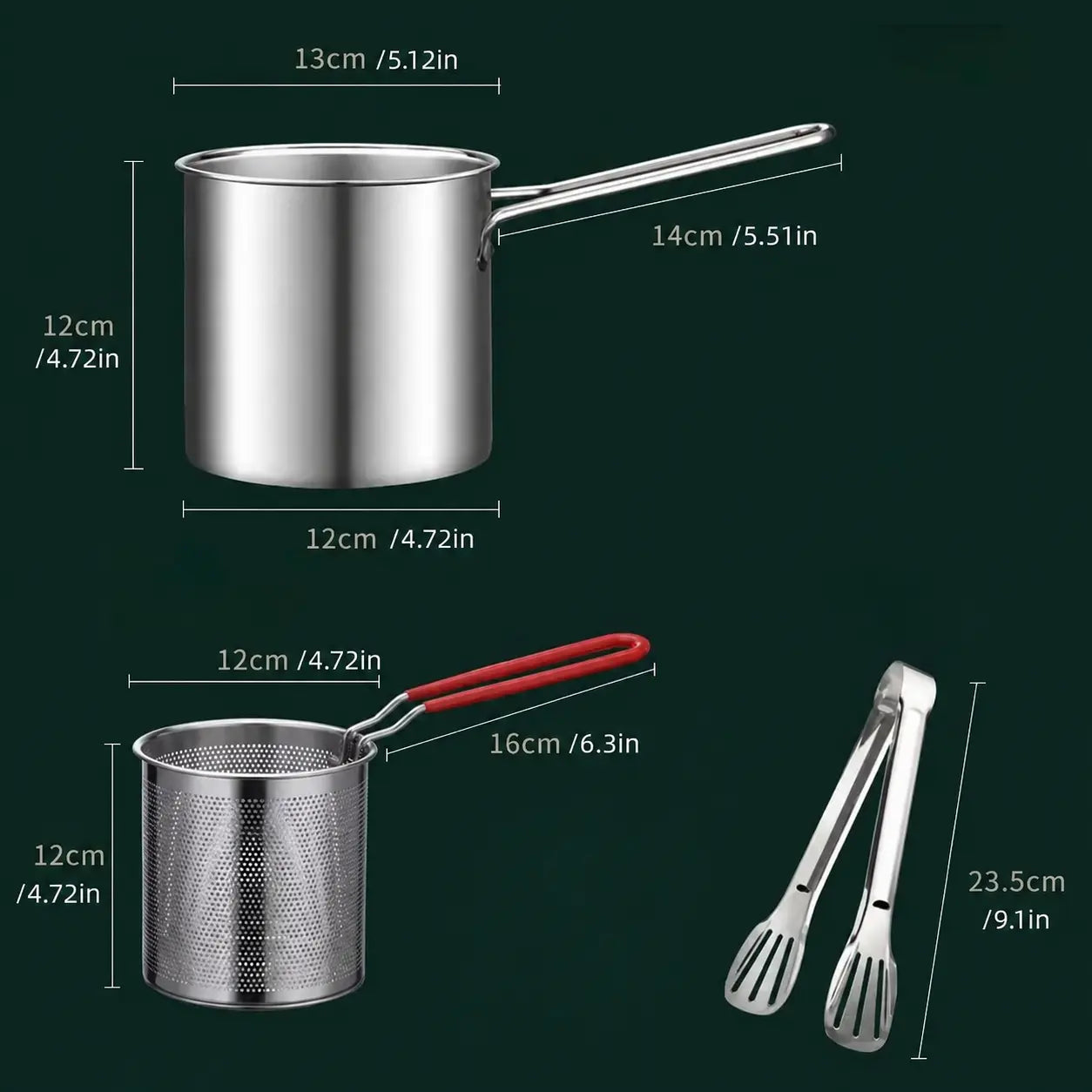 3Pcs Stainless Steel Deep Fryer Set  1-Person Mini Pot with Fry Pot, Filter Basket & Food Clip, Rust-Resistant Portable Cookware for Home Kitchen Chips, Chicken Wings