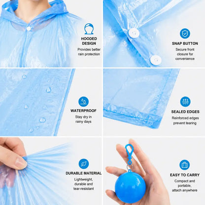 Hooded Disposable Rain Poncho with Keychain Ball - Waterproof Portable Raincoat for Outdoor & Travel