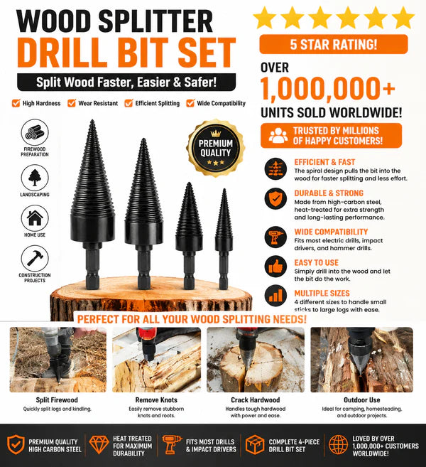 Firewood Splitter Drill Bit Set – Heavy-Duty High Carbon Steel Wood Splitting Cone, 4-Piece Set | Round + Square + Hex Shank | Fits Impact Drill, Electric Hammer & Hand Drill