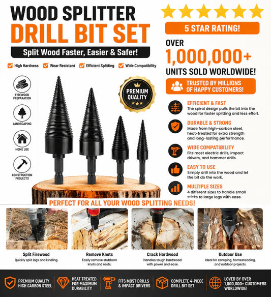 Firewood Splitter Drill Bit Set – Heavy-Duty High Carbon Steel Wood Splitting Cone, 4-Piece Set | Round + Square + Hex Shank | Fits Impact Drill, Electric Hammer & Hand Drill