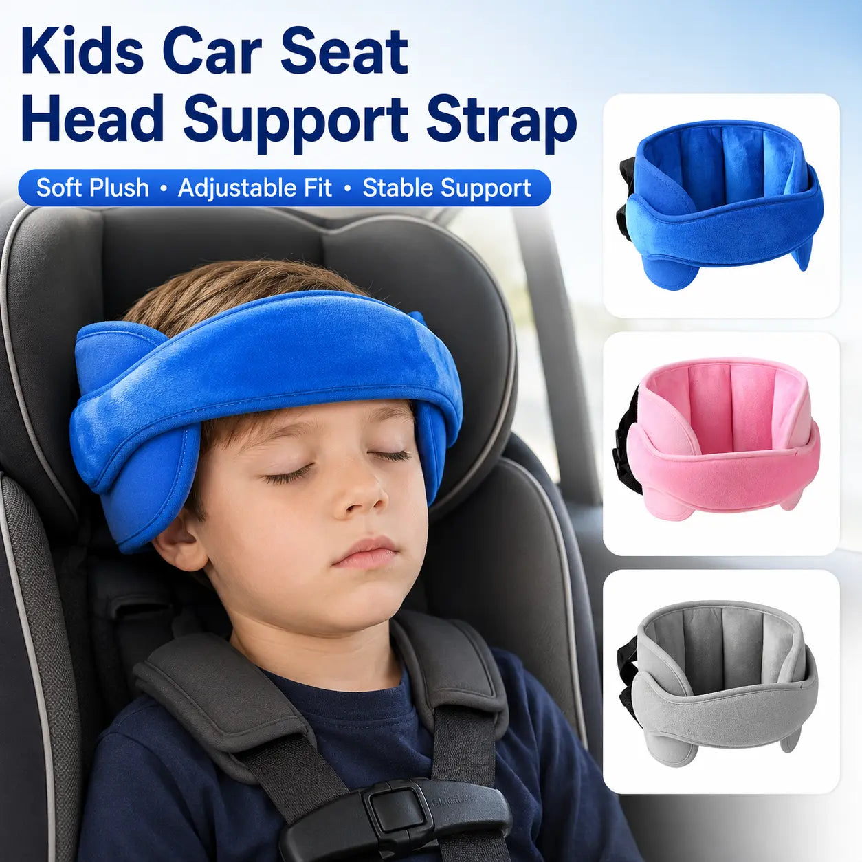 Kids Car Seat Head Support Strap, Soft Plush Adjustable Nap Support Band with Padded Side Cushions, Portable Travel Headrest Accessory for Toddlers and Children, Blue Pink Gray