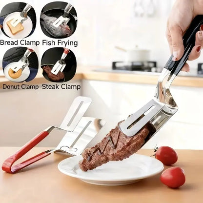 304 stainless steel grill tongs lifting a steak