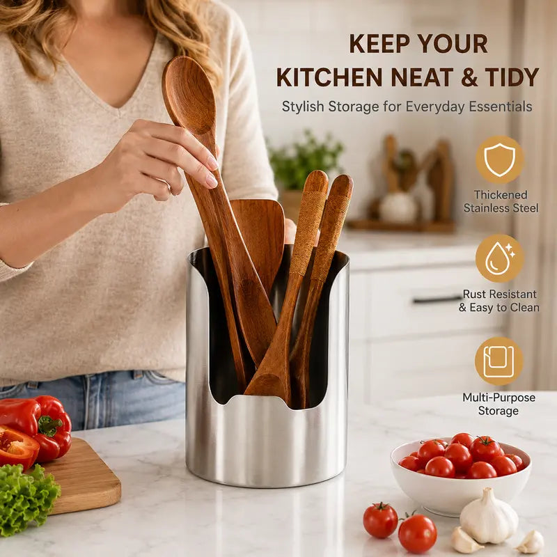 Stainless Steel Utensil Holder - Thickened Kitchen Organizer with Rust Resistant Design