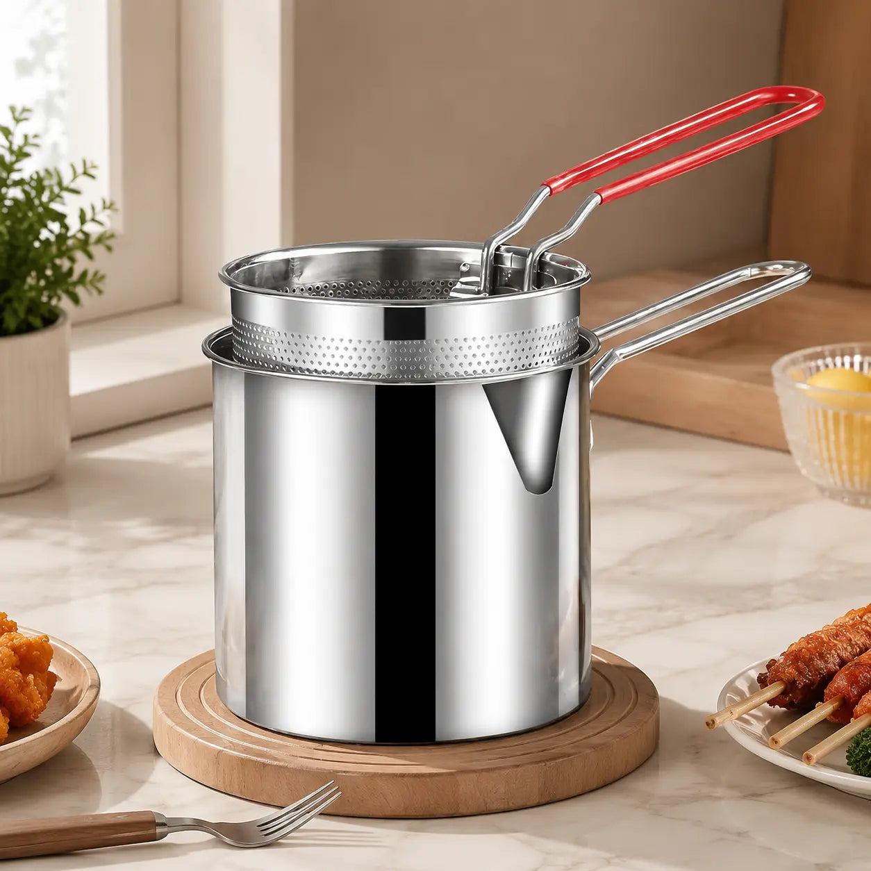 3Pcs Stainless Steel Deep Fryer Set  1-Person Mini Pot with Fry Pot, Filter Basket & Food Clip, Rust-Resistant Portable Cookware for Home Kitchen Chips, Chicken Wings