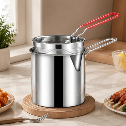 3Pcs Stainless Steel Deep Fryer Set  1-Person Mini Pot with Fry Pot, Filter Basket & Food Clip, Rust-Resistant Portable Cookware for Home Kitchen Chips, Chicken Wings