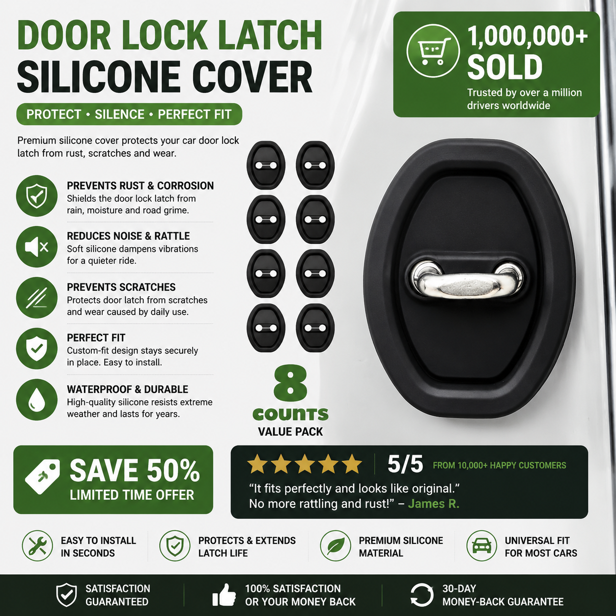 8-Pack Car Door Latch Lock Silicone Covers – Universal Fit, Anti-Dust, Noise Reduction, Tool-Free Install