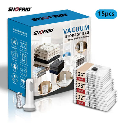 Snofrid Cordless Travel Vacuum Storage Compression Bag Set – 15-Pack in 3 Sizes