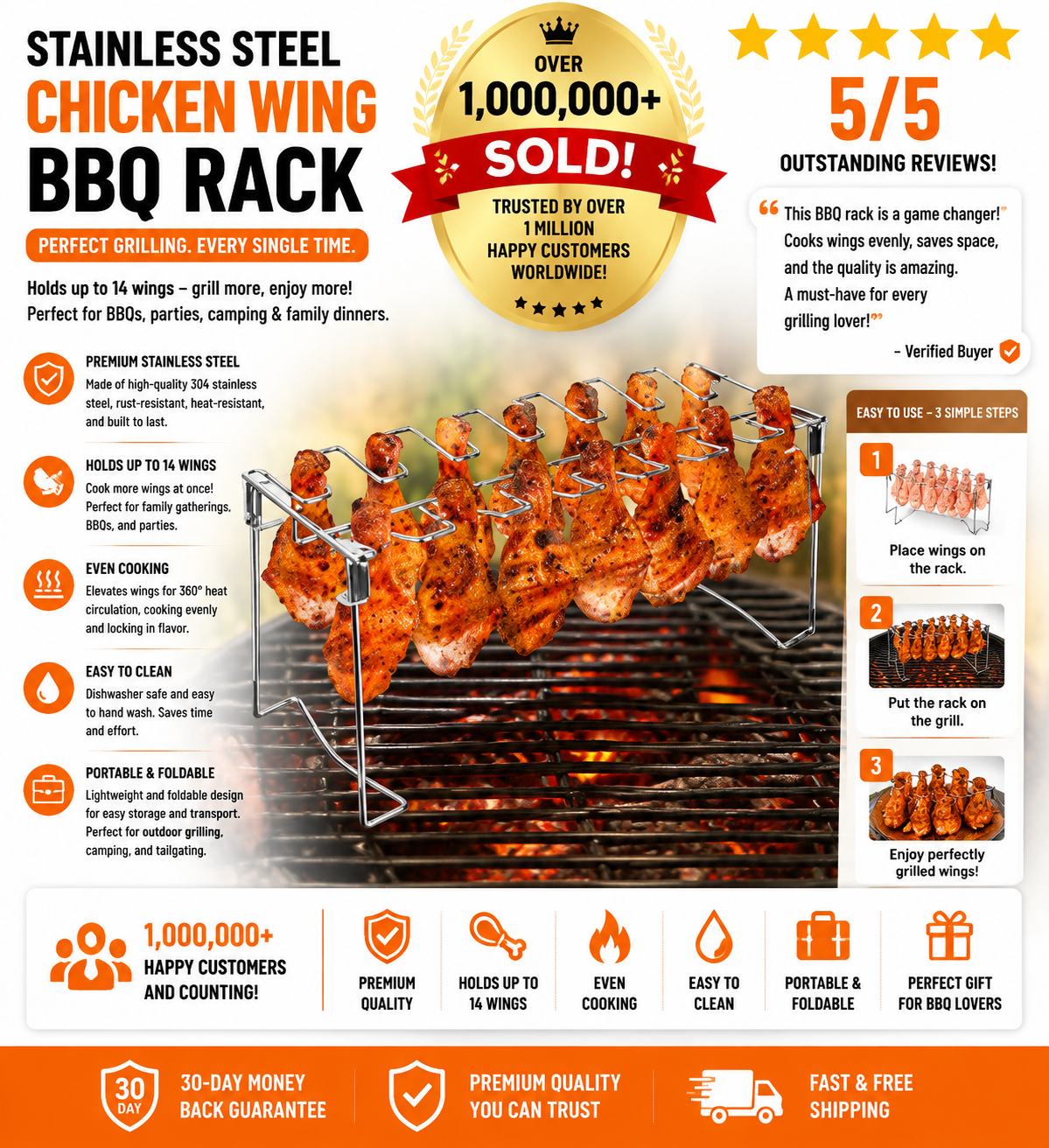 Metal Chicken Drumstick Rack, Multi-Grid Non-Stick Grill Rack, Dishwasher-Safe BBQ Accessory for Camping and Outdoor Cooking