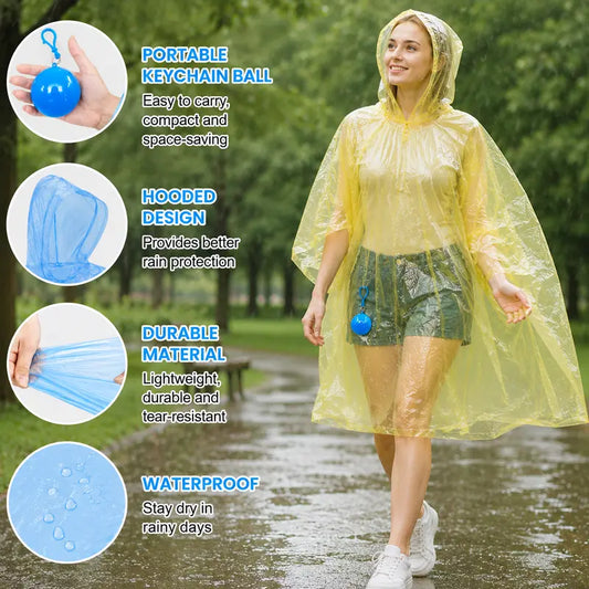 Hooded Disposable Rain Poncho with Keychain Ball - Waterproof Portable Raincoat for Outdoor & Travel