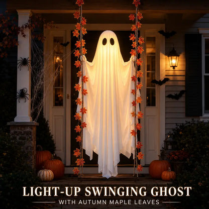 LED Light-Up Swinging Ghost Halloween Decoration with Maple Leaf Garland & Remote Control