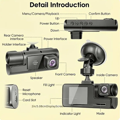 Triple-lens dash camera controls, display, front, rear, and interior cameras