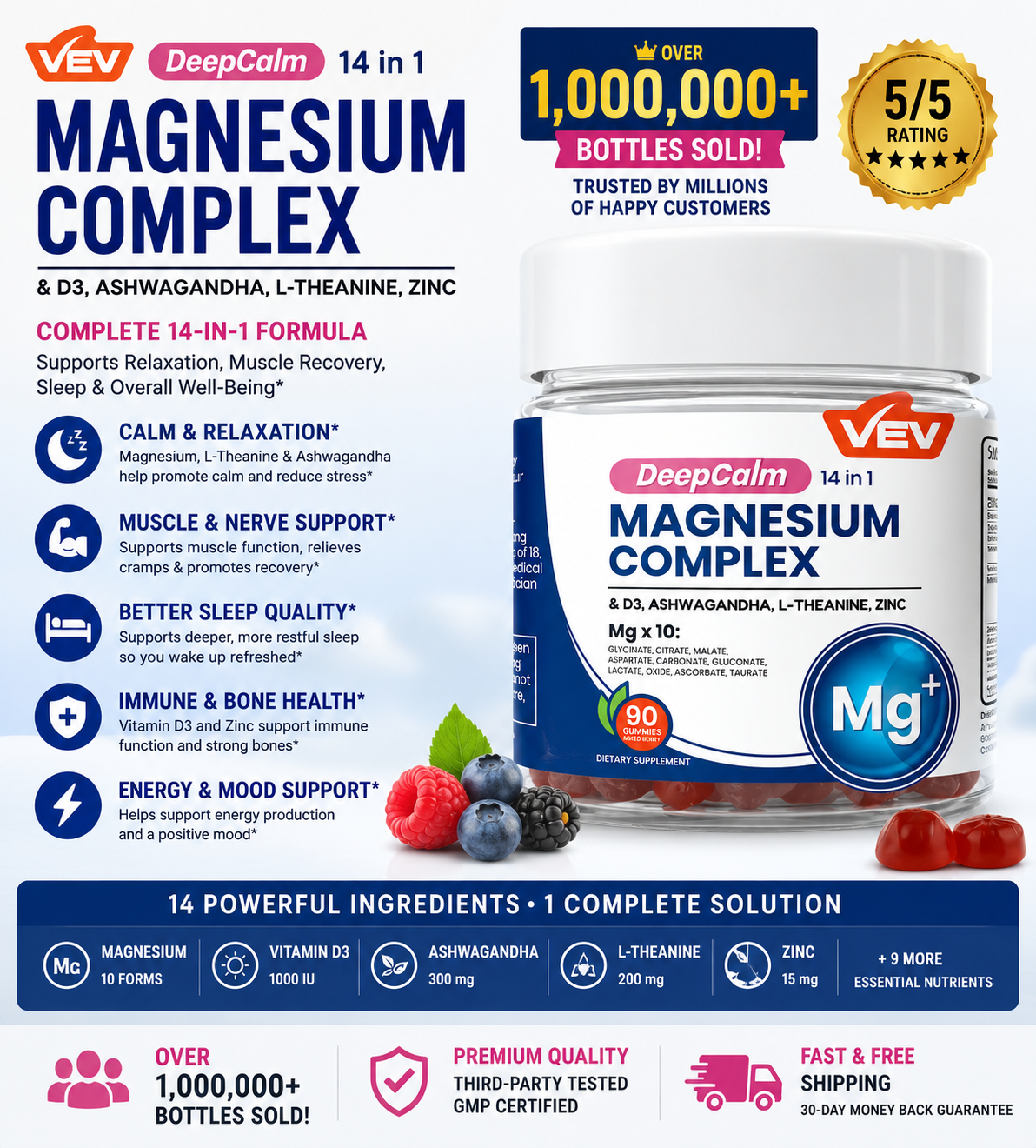 VEV DeepCalm 14-in-1 Magnesium Complex Gummies – Glycinate, D3, Ashwagandha, L-Theanine, Zinc | 90 Count, Vegan, No Sugar