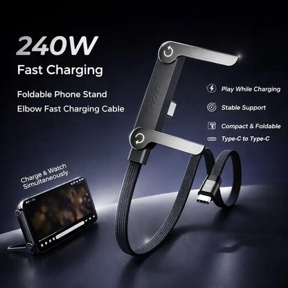 Invisible Stand Type-C Charger Cable – 240W Super Fast Charging 2-in-1 Charging Cord & Foldable Phone Holder for Gaming, Office, Car Travel, Black