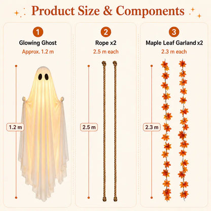 LED Light-Up Swinging Ghost Halloween Decoration with Maple Leaf Garland & Remote Control