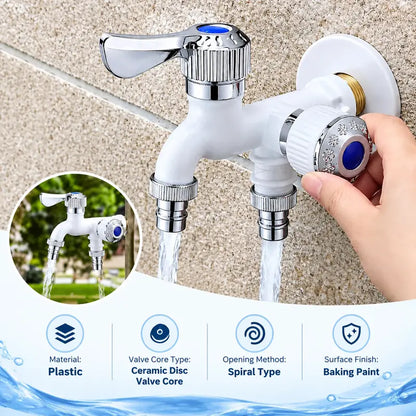 White dual-outlet washing machine faucet with plastic body and ceramic disc valve core