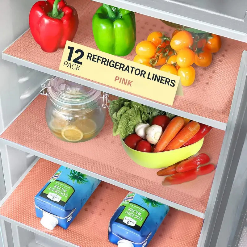 LMMAKE 12PCS Refrigerator Liner Mats - Trimmable Non-Slip Waterproof Fridge Shelf Liners