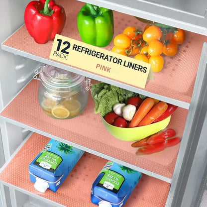LMMAKE 12PCS Refrigerator Liner Mats - Trimmable Non-Slip Waterproof Fridge Shelf Liners