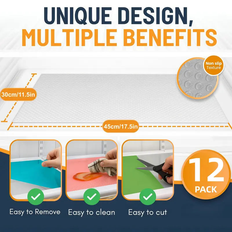 LMMAKE 12PCS Refrigerator Liner Mats - Trimmable Non-Slip Waterproof Fridge Shelf Liners