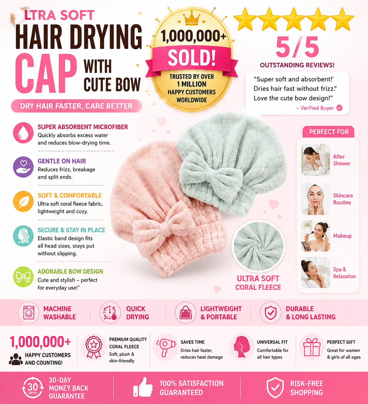 Women's Bow Decor Shower Cap & Hair Drying Cap Set – 2-Piece/4-Piece
