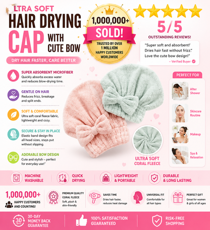 Women's Bow Decor Shower Cap & Hair Drying Cap Set – 2-Piece/4-Piece