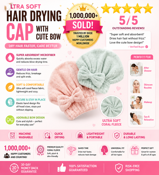 Women's Bow Decor Shower Cap & Hair Drying Cap Set – 2-Piece/4-Piece