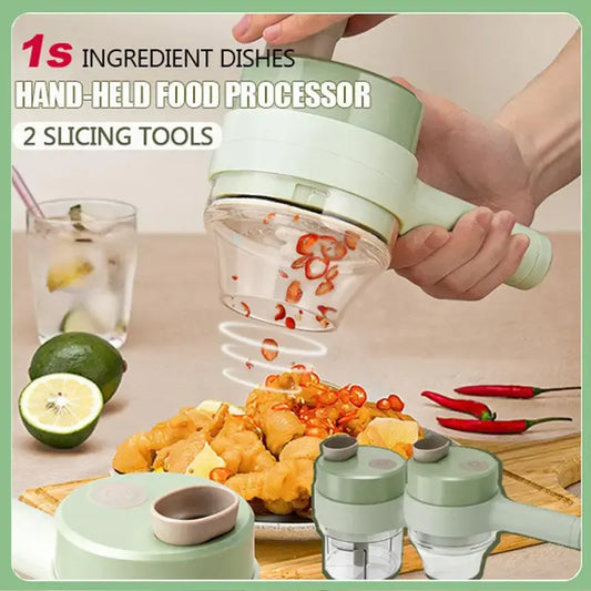 Handheld food processor slicing chili peppers with 2 slicing tools
