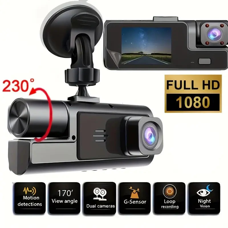 Full HD 1080P triple-lens dash camera with 170-degree wide angle and loop recording