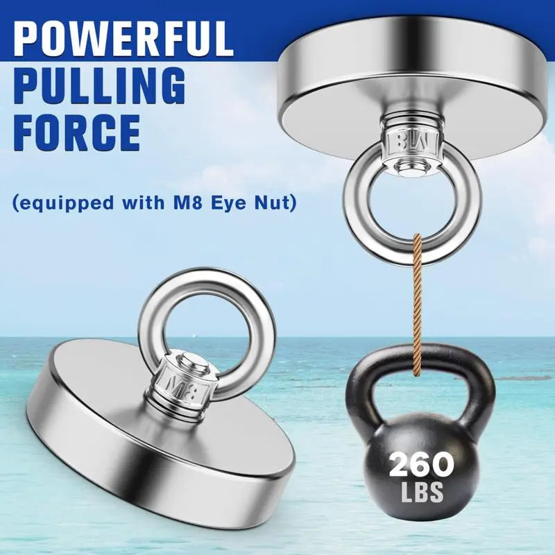 Fishing magnet pulling coins and metal objects from lake water