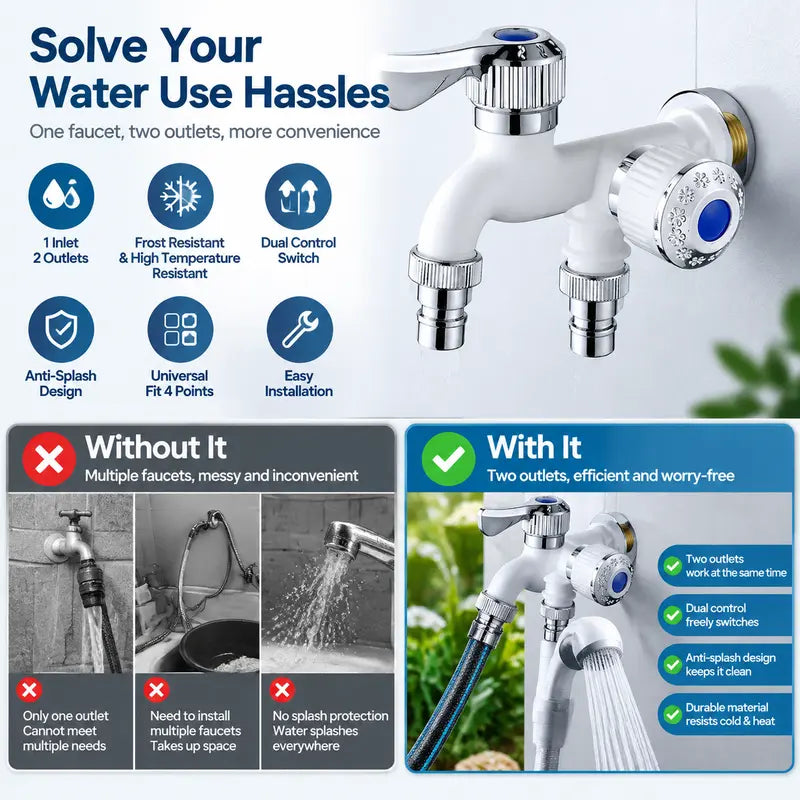 Dual-outlet faucet features ceramic valve core and durable construction