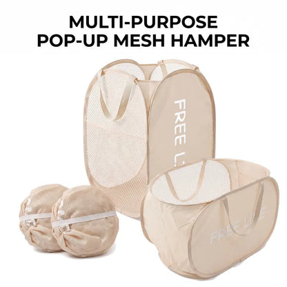 Multi-purpose pop-up mesh hamper shown expanded and collapsed