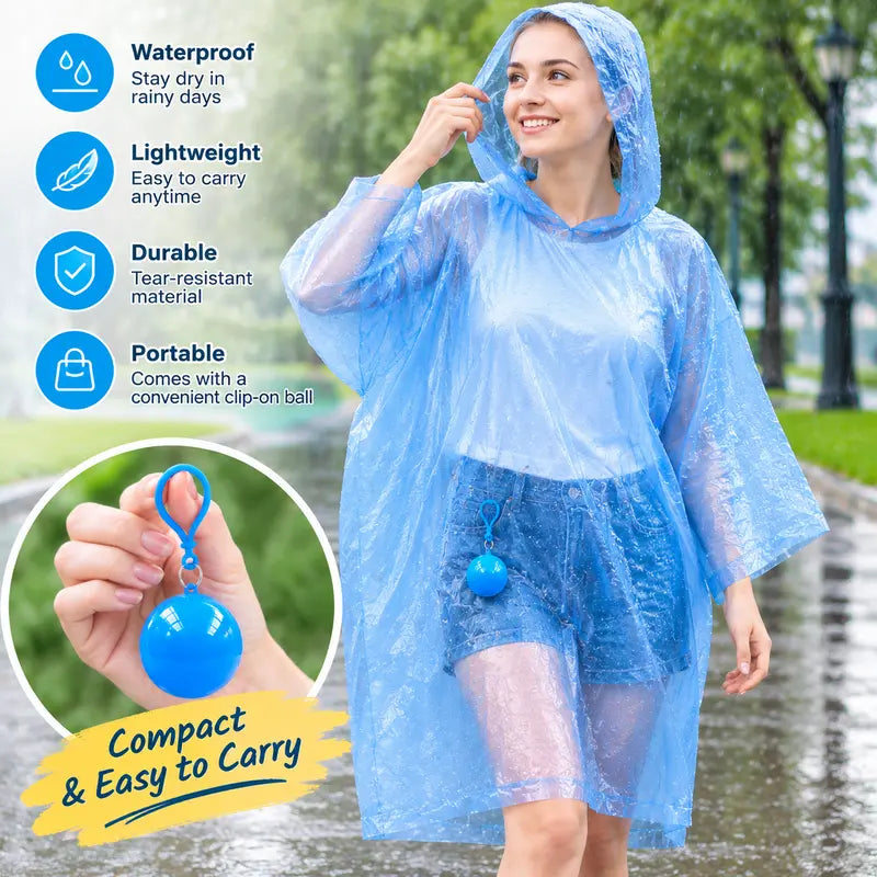 Hooded Disposable Rain Poncho with Keychain Ball - Waterproof Portable Raincoat for Outdoor & Travel