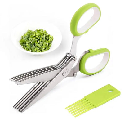 Herb Scissors - 5 Blade Kitchen Herb Shears with Safety Cover & Cleaning Comb (Green)