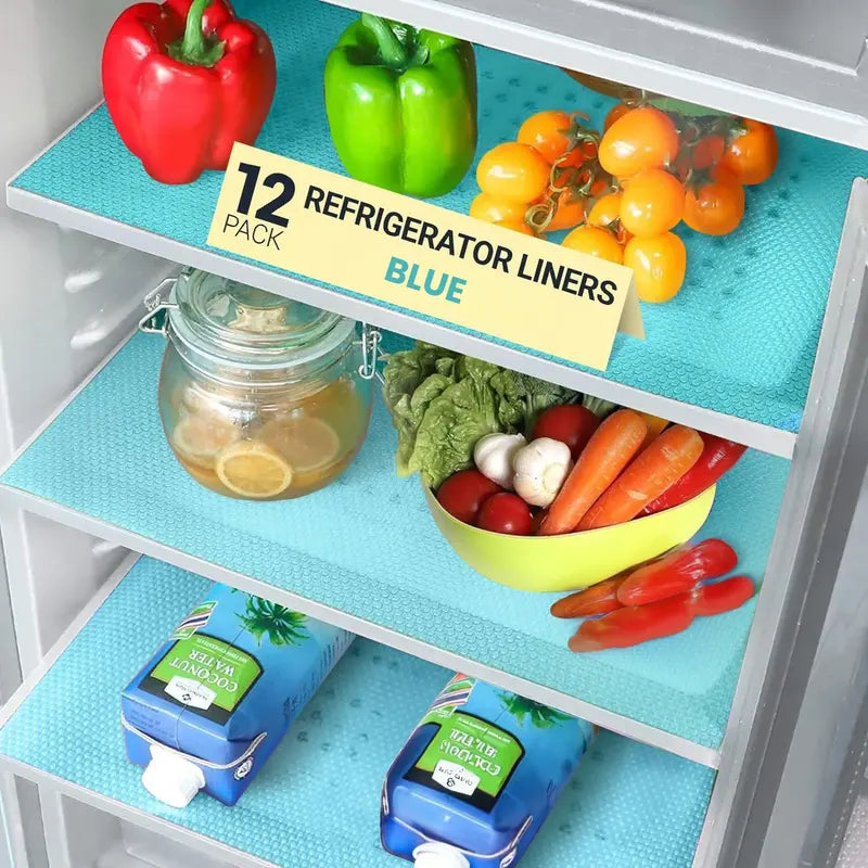 LMMAKE 12PCS Refrigerator Liner Mats - Trimmable Non-Slip Waterproof Fridge Shelf Liners