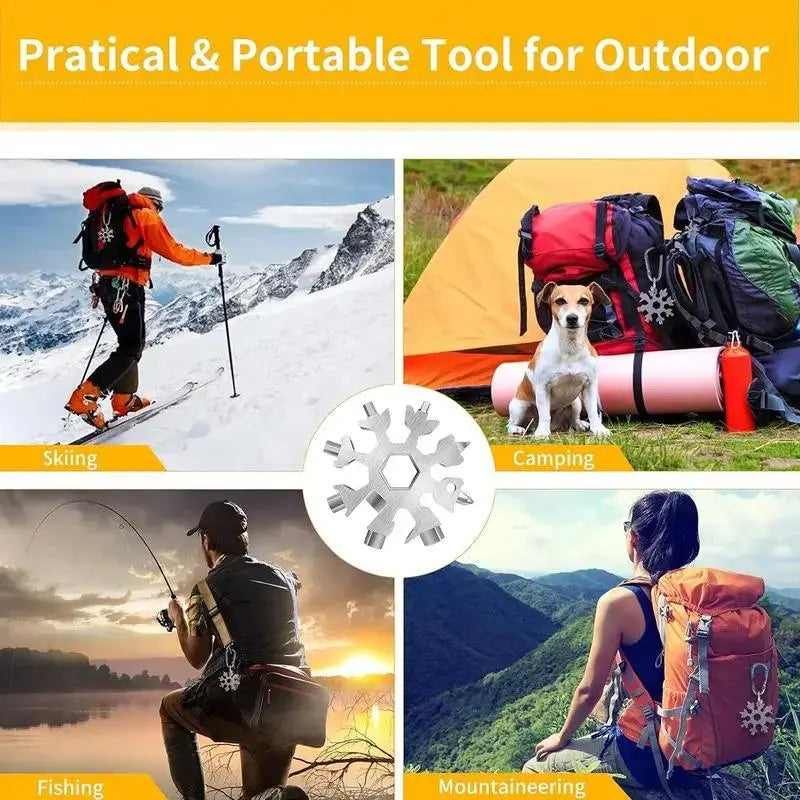 18-in-1 Snowflake Multi-Tool – Stainless Steel Wrench, Screwdriver & Bottle Opener for Outdoor Survival