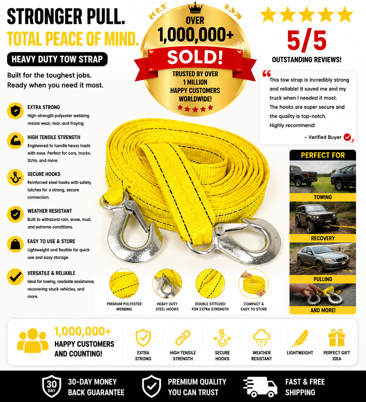 Car Tow Strap – 4m, 5-Ton, Double-Layer with Portable Bag