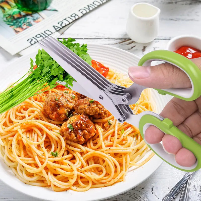 Herb Scissors - 5 Blade Kitchen Herb Shears with Safety Cover & Cleaning Comb (Green)