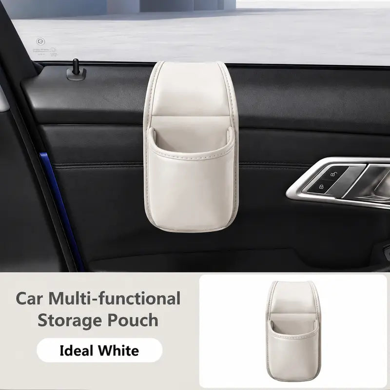 Leather Car Door Storage Pocket - Double-Layer Organizer with Flannel Lining & Residue-Free Adhesive for Sedans, SUVs & Trucks