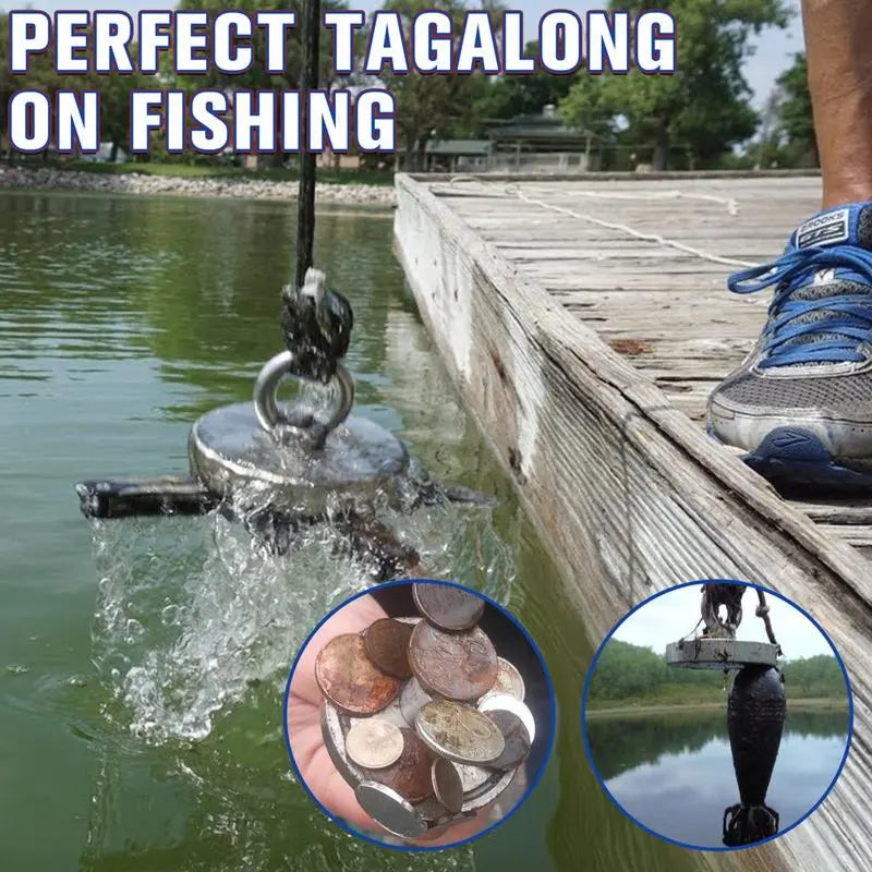 Fishing magnet dimensions - 2.36in diameter, 0.47in thick, 1.85in total height with eyebolt