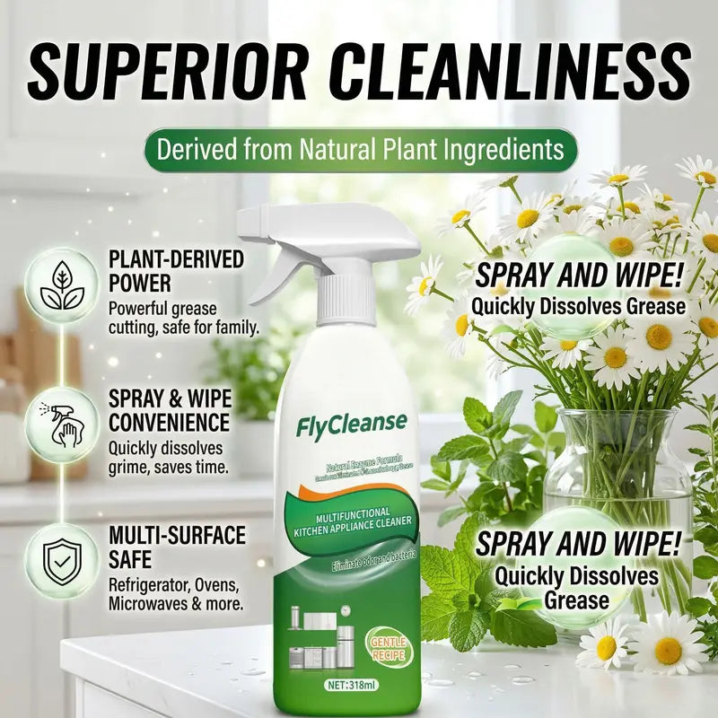 FlyCleanse Natural Enzyme Formula Kitchen Cleaning Spray - Fast-Acting Household Grease & Mold Remover Liquid, for Kitchen Stoves & Range Hoods, 318 ml Bottle, 24-Month Shelf Life, Father's Day Gift Idea