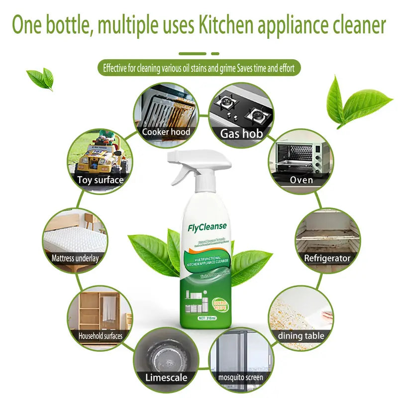 FlyCleanse Natural Enzyme Formula Kitchen Cleaning Spray - Fast-Acting Household Grease & Mold Remover Liquid, for Kitchen Stoves & Range Hoods, 318 ml Bottle, 24-Month Shelf Life, Father's Day Gift Idea
