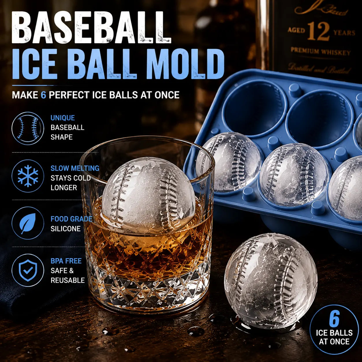 Baseball Ice Molds 6-Cavity Silicone Ball Ice Cube Molds for Whiskey, Cocktails,  Juices - Large ReusableBaseball Style,Grand Slam Ice,Home Run Chill,  A unique sports gift for men, dads, andbaseball fans,Baller Ice coffee,party，Gatherings & Father’s Day