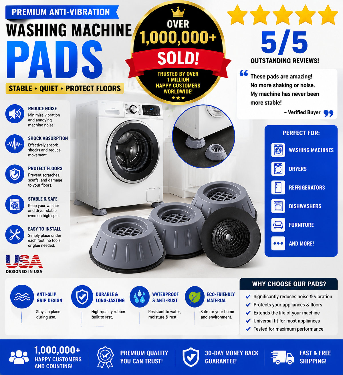 4-Piece Anti-Vibration & Noise-Reducing Pads for Washing Machines, Dryers & Refrigerators