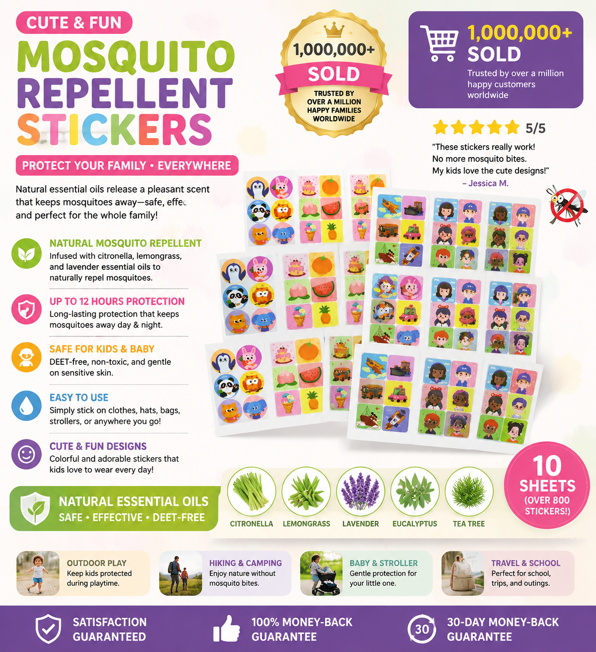 180-Count Mosquito Repellent Stickers for Kids – Cute Animal Design, Plant-Based Formula