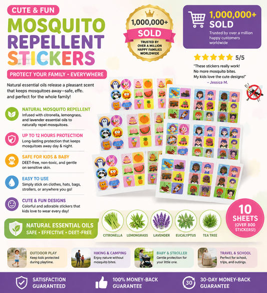 180-Count Mosquito Repellent Stickers for Kids – Cute Animal Design, Plant-Based Formula
