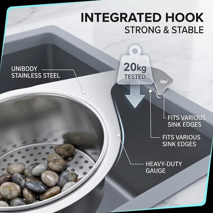 Stainless Steel Sink Strainer Basket with Integrated Hook – Multifunctional Drain Filter