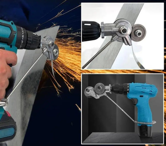 Easy Effortless — drill nibbler cutting thin green sheet metal, close-up of blade, and nibbler on cordless drill