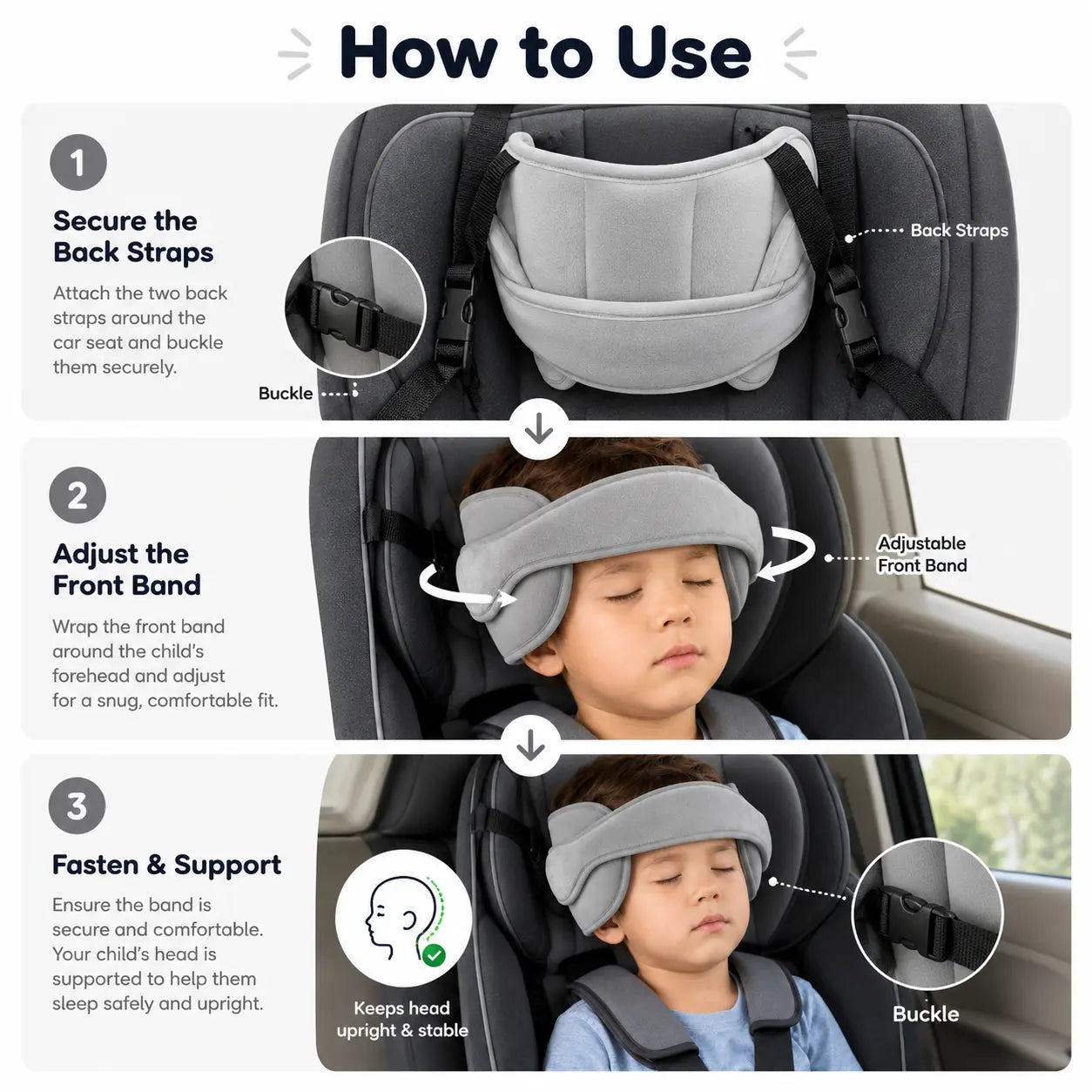 Kids Car Seat Head Support Strap, Soft Plush Adjustable Nap Support Band with Padded Side Cushions, Portable Travel Headrest Accessory for Toddlers and Children, Blue Pink Gray